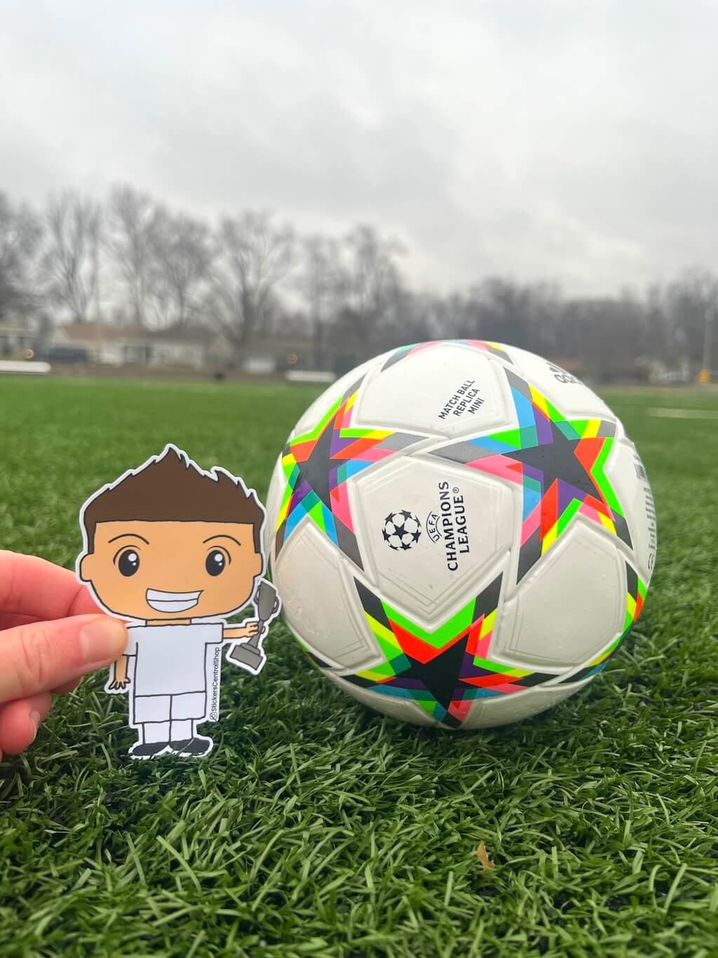 Champion Soccer Player Sticker, white with trophy