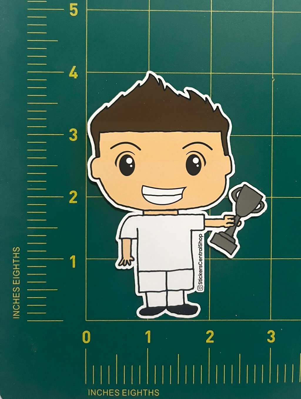 Champion Soccer Player Sticker, white with trophy