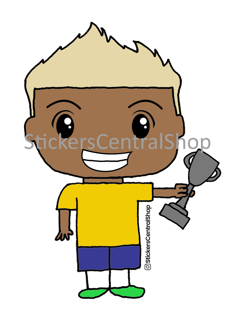 Champion Soccer Player Sticker, yellow and blue with trophy