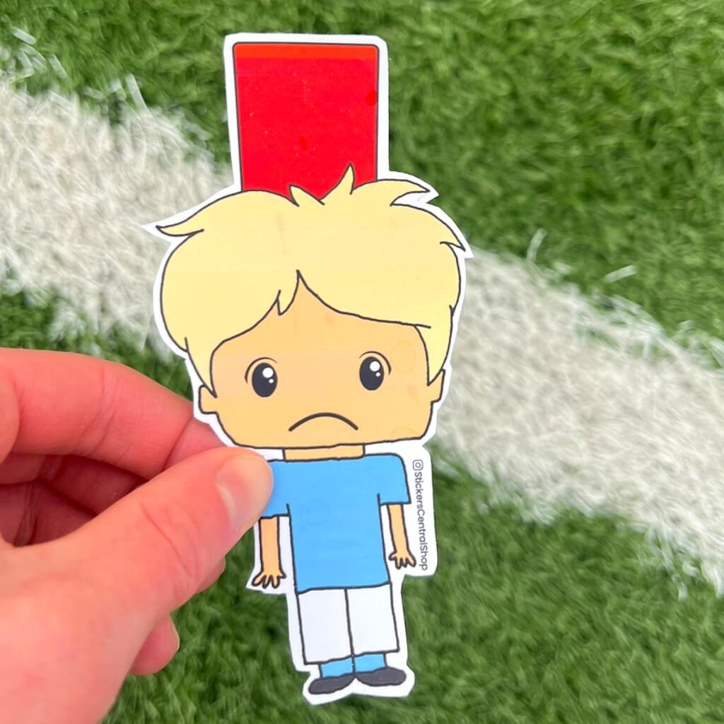 Red Card Soccer Player Sticker, light blue and white