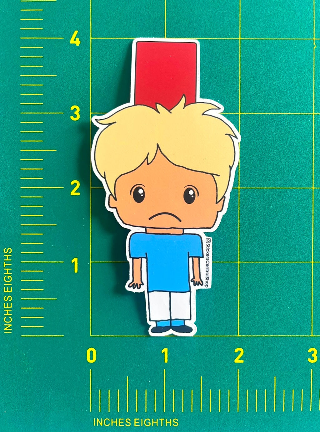 Red Card Soccer Player Sticker, light blue and white