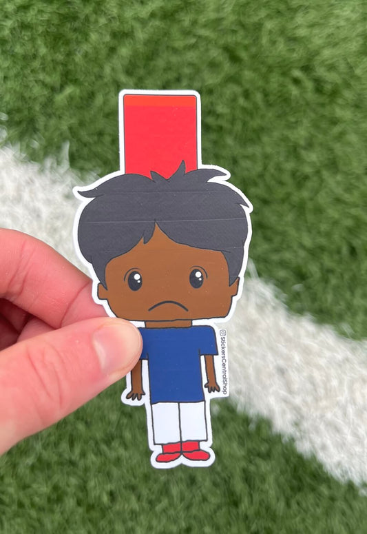 Red Card Soccer Player Sticker, blue and white