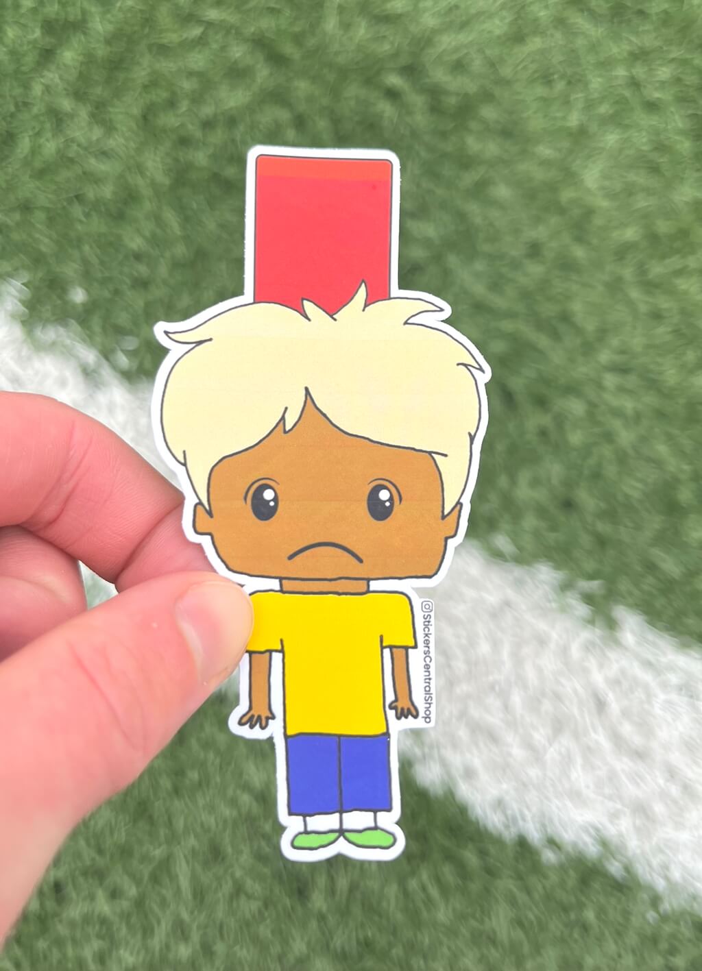 Brazil Red Card Soccer Player Sticker, yellow and blue