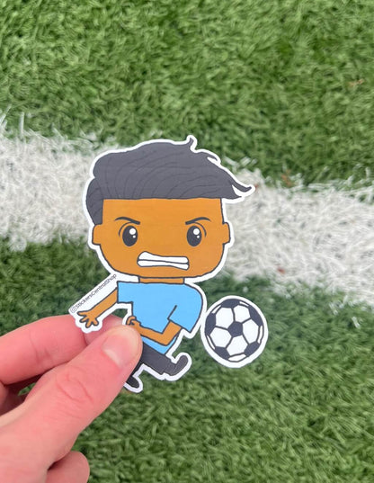 Uruguay Shooting Soccer Player Sticker, light blue and black