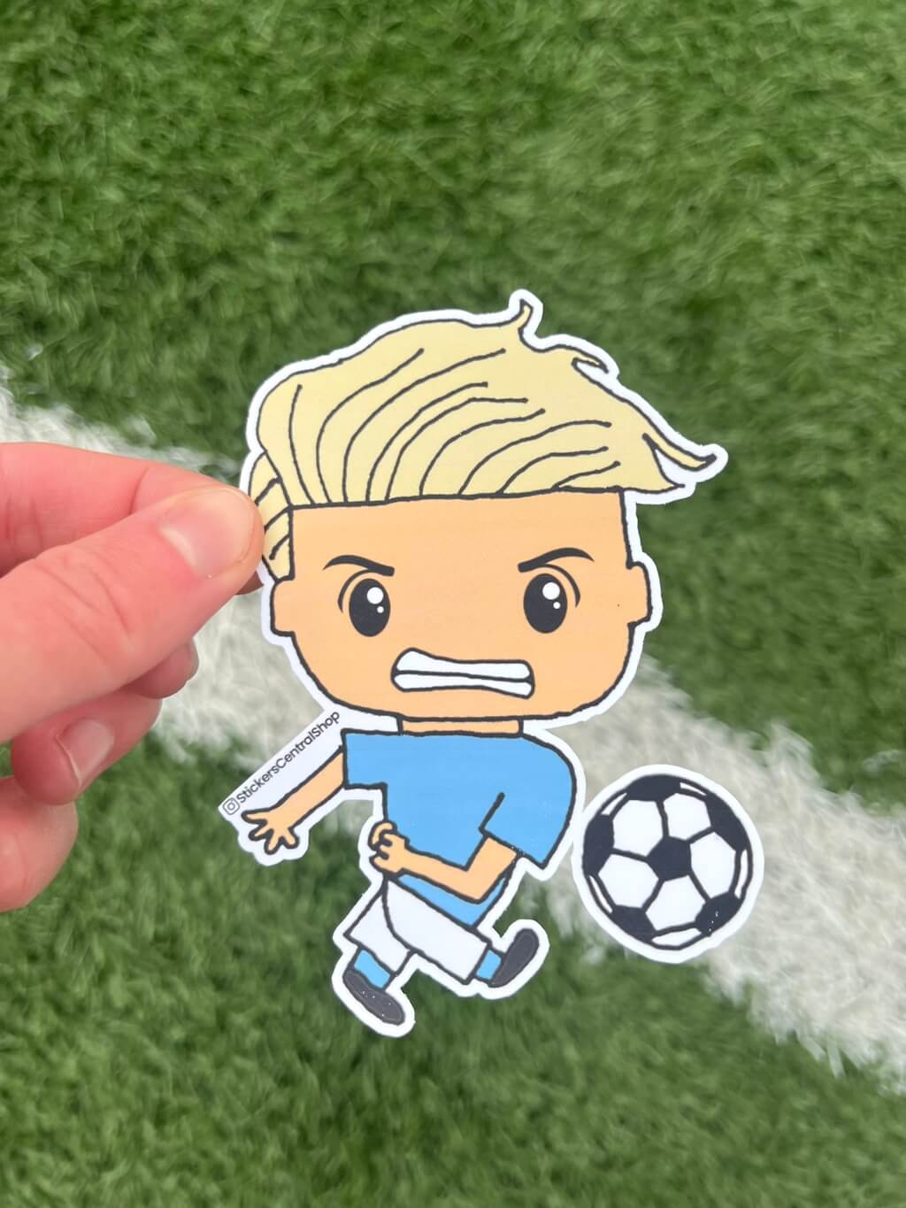 Shooter Soccer Player Sticker, light blue and white