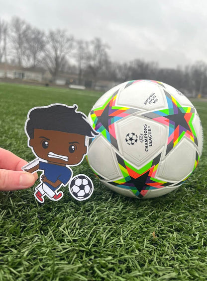 Shooting Soccer Player Sticker, blue and white