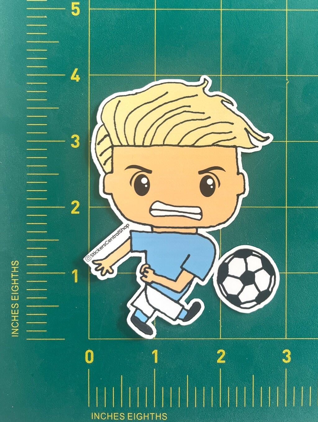 Shooter Soccer Player Sticker, light blue and white