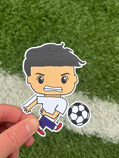 Shooting Soccer Player Sticker, white and blue