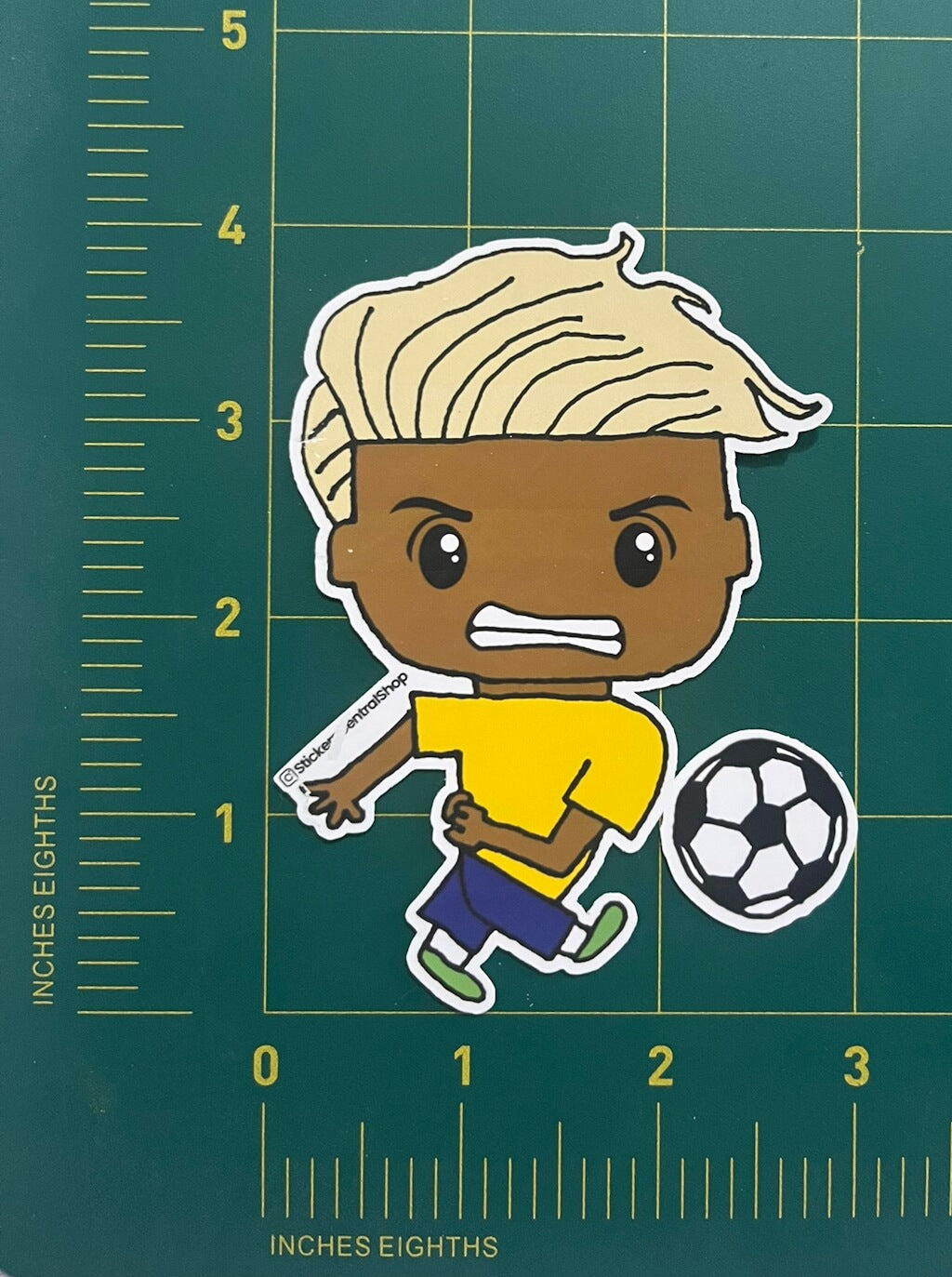 Shooter Soccer Player Sticker, yellow and blue