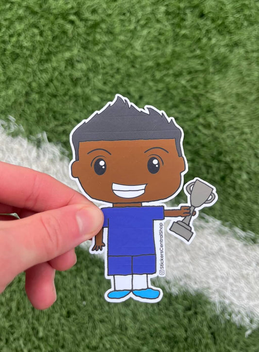 Champion Soccer Player Sticker, blue with trophy