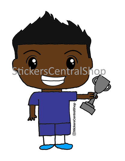 Champion Soccer Player Sticker, blue with trophy