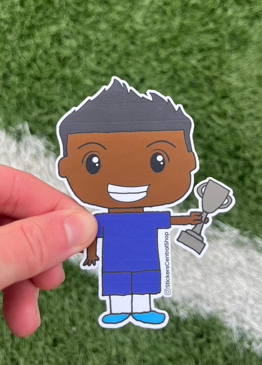 Chelsea Champions Soccer Player Sticker, blue with trophy