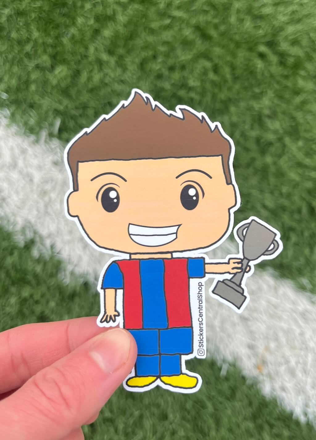 Barcelona Champions Soccer Player Sticker, blue and red with trophy