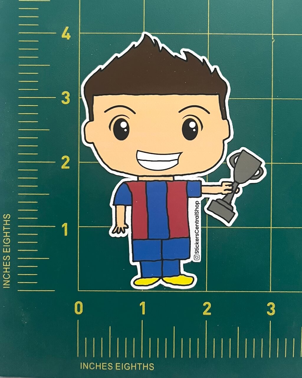 Barcelona Champions Soccer Player Sticker, blue and red with trophy