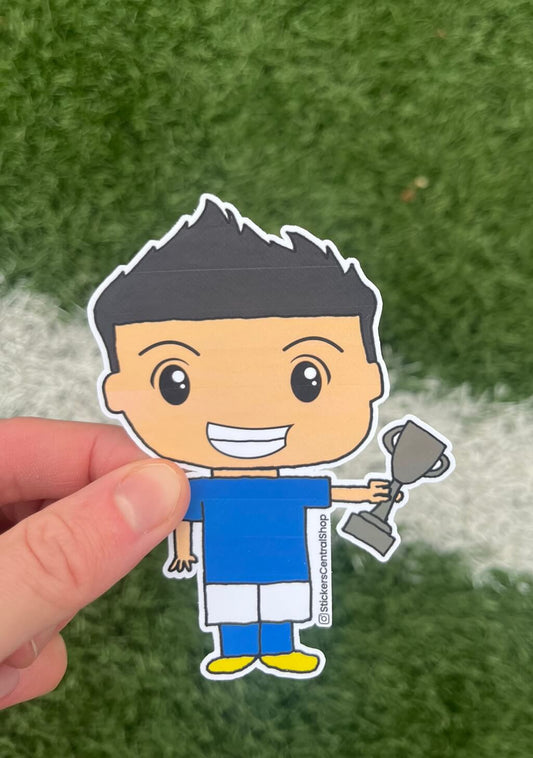 Italy Champions Soccer Player Sticker, blue and white with trophy