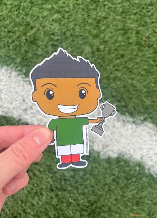 Champion Soccer Player Sticker, green and white with trophy