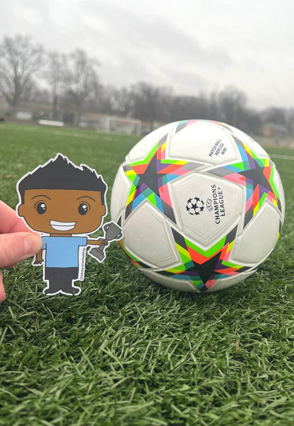 Uruguay Champions Soccer Player Sticker, light blue and black with trophy
