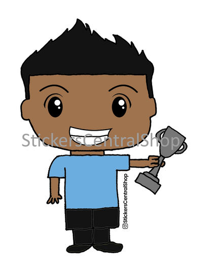 Uruguay Champions Soccer Player Sticker, light blue and black with trophy
