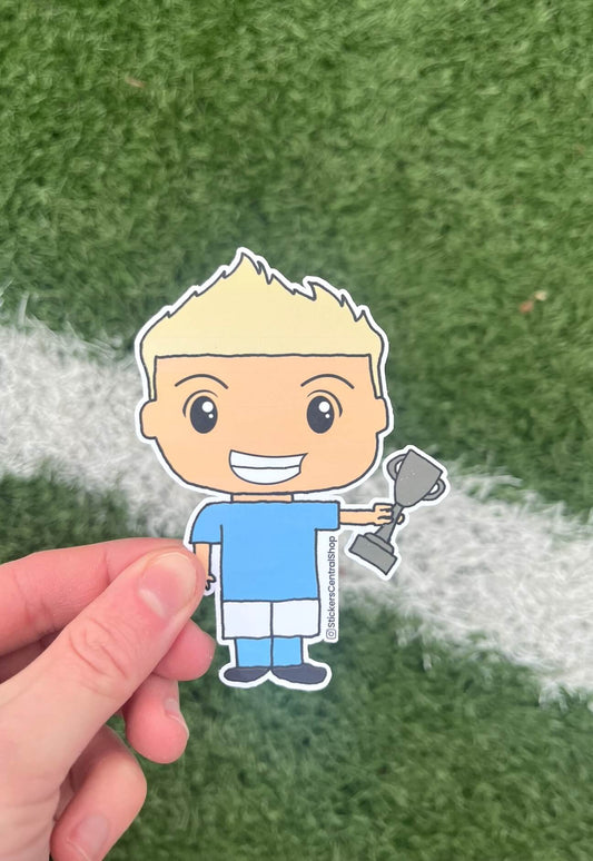 Champion Soccer Player Sticker, light blue and white with trophy