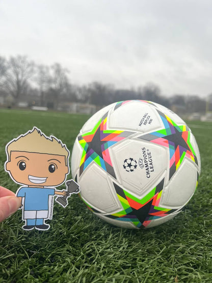 Champion Soccer Player Sticker, light blue and white with trophy