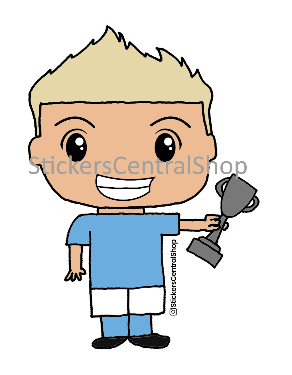 Champion Soccer Player Sticker, light blue and white with trophy