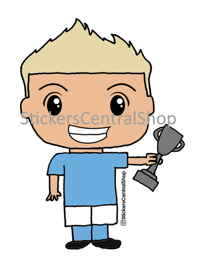 Champion Soccer Player Sticker, light blue and white with trophy