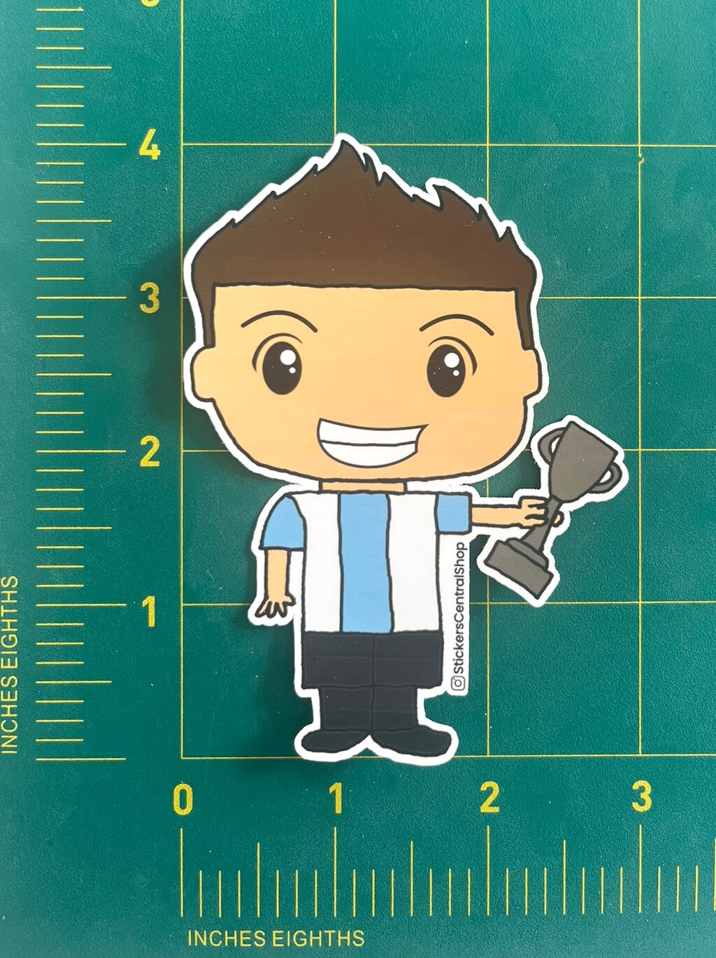 Argentina Champions Soccer Player Sticker, light blue and white with trophy