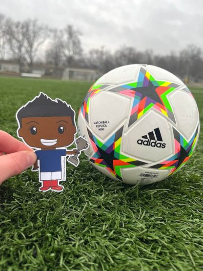 Champion Soccer Player Sticker, blue and white with trophy