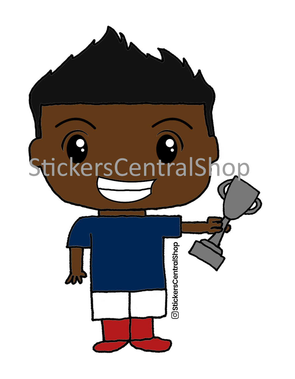 Champion Soccer Player Sticker, blue and white with trophy