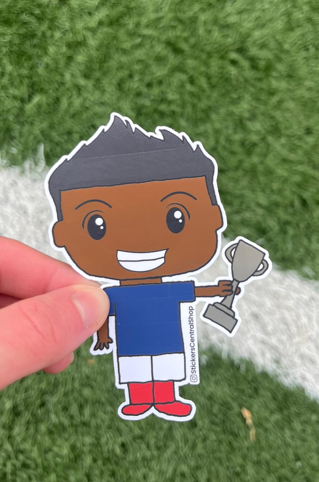 France Champions Soccer Player Sticker, blue and white with trophy