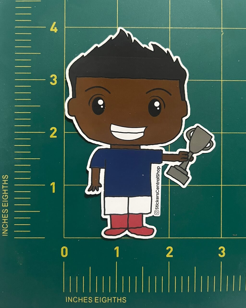 France Champions Soccer Player Sticker, blue and white with trophy