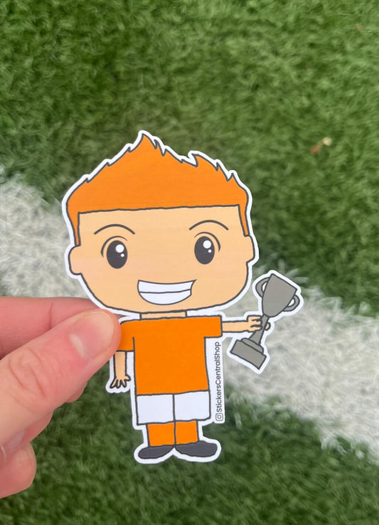 Champion Soccer Player Sticker, orange and white with trophy