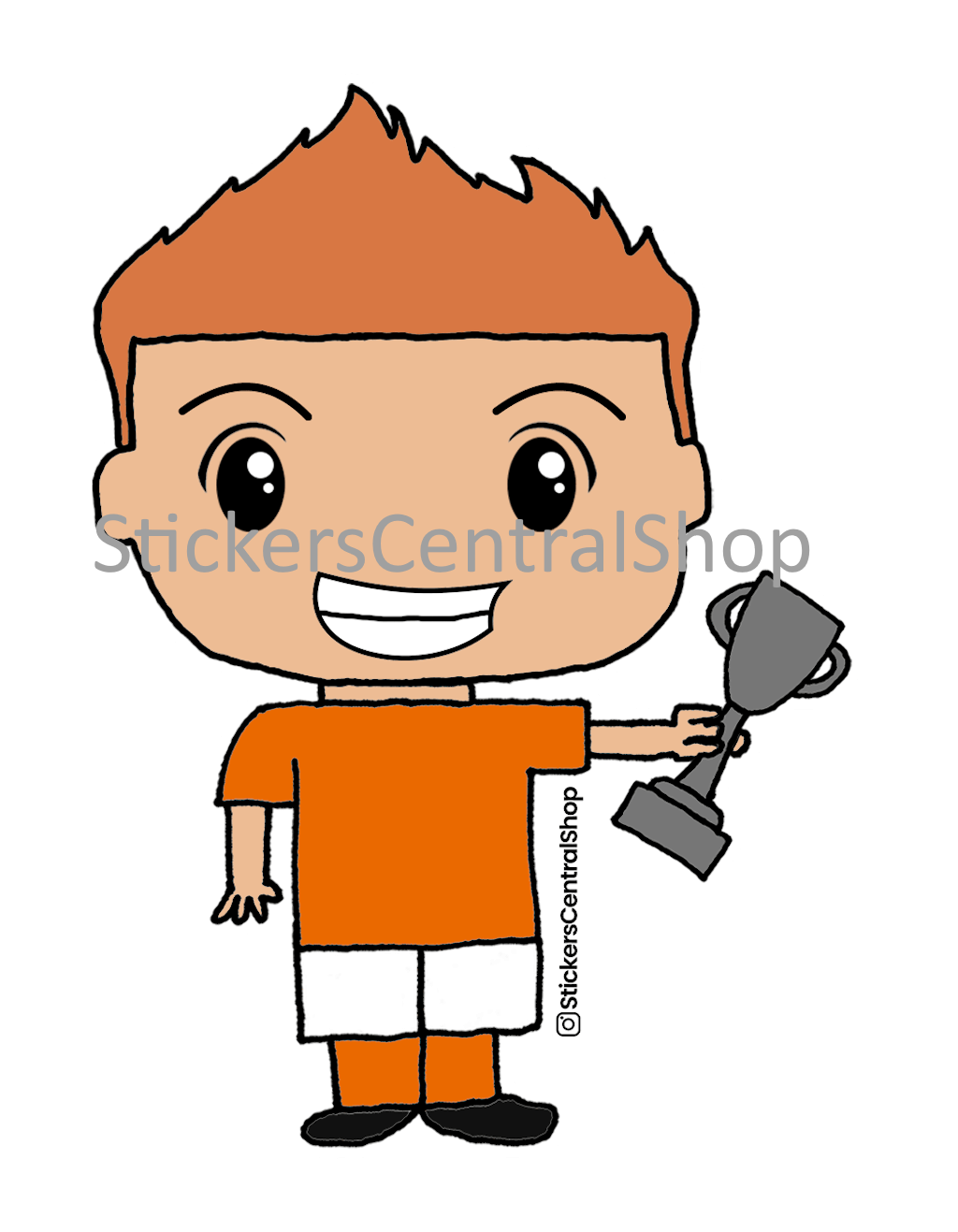 Champion Soccer Player Sticker, orange and white with trophy