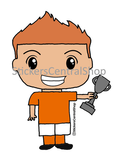 Champion Soccer Player Sticker, orange and white with trophy