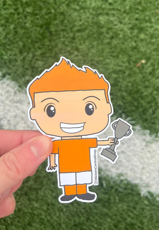 Netherlands Champions Soccer Player Sticker, orange and white with trophy