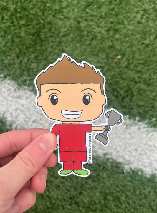 Champion Soccer Player Sticker, red with trophy