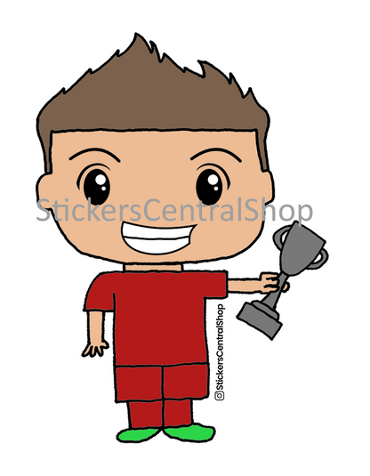 Champion Soccer Player Sticker, red with trophy