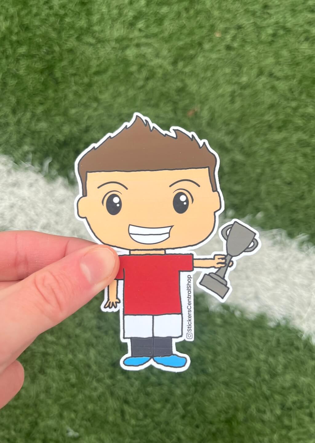 Champion Soccer Player Sticker, red and white with trophy