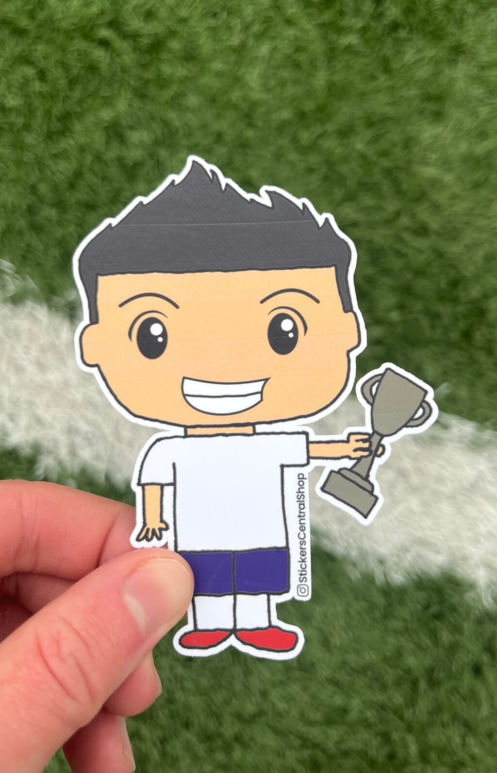 USA Champions Soccer Player Sticker, blue and white with trophy