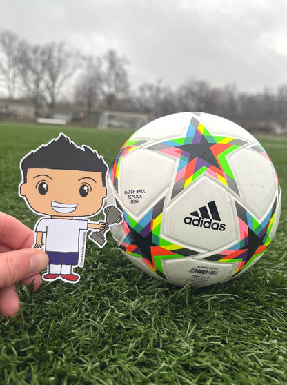 USA Champions Soccer Player Sticker, blue and white with trophy