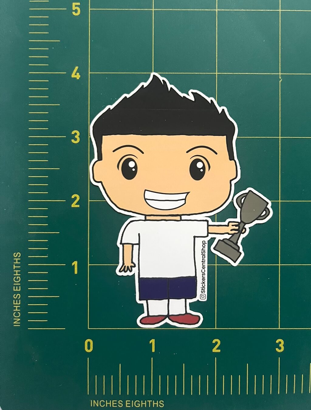 USA Champions Soccer Player Sticker, blue and white with trophy