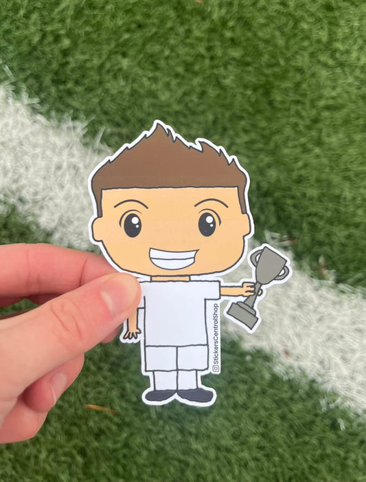 Champion Soccer Player Sticker, white with trophy