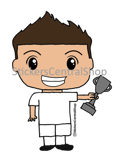 Champion Soccer Player Sticker, white with trophy