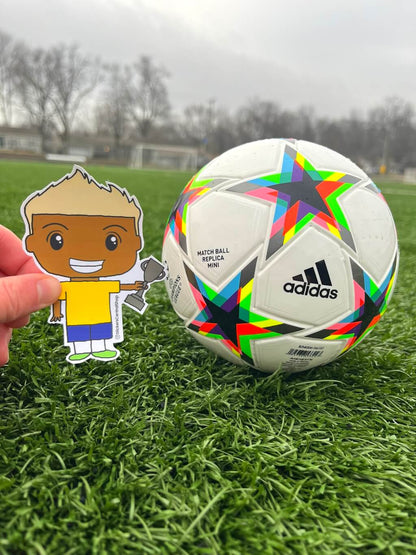 Champion Soccer Player Sticker, yellow and blue with trophy