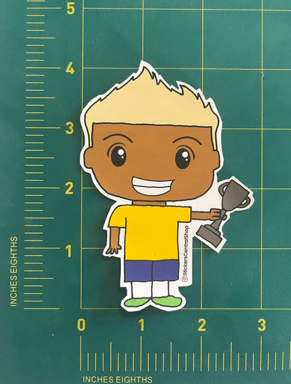 Champion Soccer Player Sticker, yellow and blue with trophy