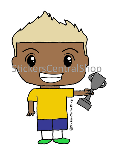 Champion Soccer Player Sticker, yellow and blue with trophy